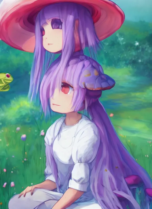 Prompt: a beautiful little girl wearing a mushroom hat sitting in her room petting a frog in her lap | | purple hair, pretty face, sharped details, in ryuuou no oshigoto art style, trending on pixiv