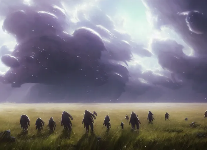 Prompt: large herd of massive alien kaiju creatures walking through a field covered in fog, storm clouds in the distance, a small barn, by makoto shinkai an krenz cushart