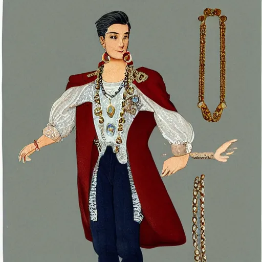 Prompt: a character model design of a handsome young man wearing excessive jewelry in an ornate and elegant way