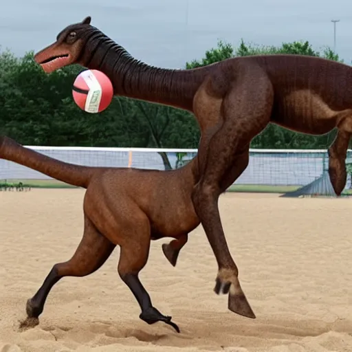 Image similar to a horse and a velociraptor playing volleyball