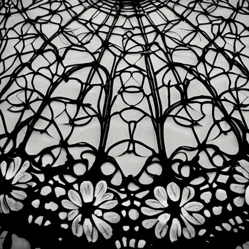 Image similar to Intricate beauty, detailed symmetry, dark, void 1a, flowers, thin wires, depth, beautiful lighting