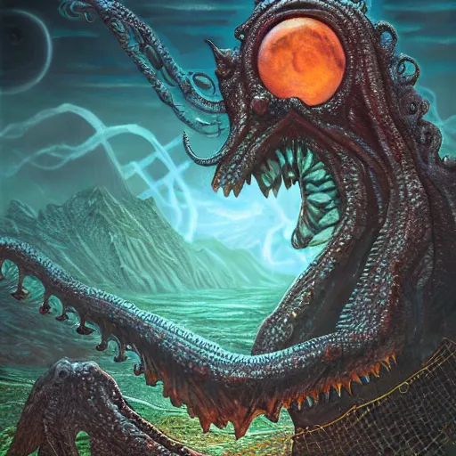 Image similar to giant lovecraft monster eating earth, h. p. lovecraft, scary, cosmic, detailed, 4 k