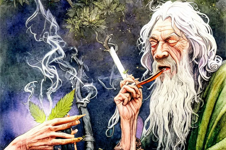 Image similar to a realistic and atmospheric watercolour fantasy character concept art portrait of gandalf with pink eyes lying on his back looking happy and confused and smoking weed out of his pipe with a pot leaf nearby, by rebecca guay, michael kaluta, charles vess and jean moebius giraud