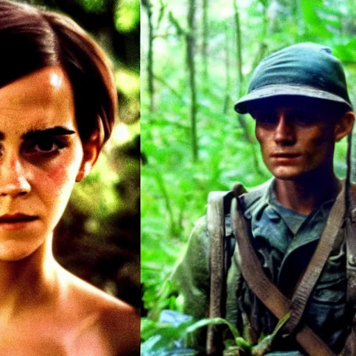 Image similar to film still, close up, portrait, emma watson soldier hiking through dense vietnam jungle, film still from apocalypse now ( 1 9 7 9 ), 2 6 mm, kodak ektachrome, blue tint ektachrome film,