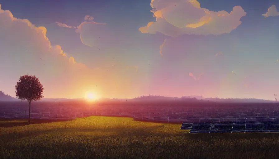 Image similar to solar panel farm, sun in the sky, open field, early morning, single tree, simon stalenhag