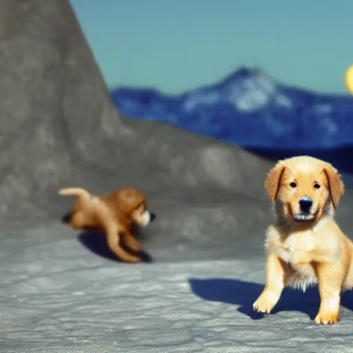 Image similar to cute puppies 4k ultra realistic in park on the moon, earth in background