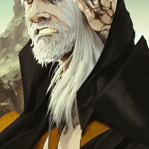 Image similar to a man with spiky white hair and yellow eyes, wearing a black cultist robe, medieval background, highly detailed, digital painting, artstation, matte, by makoto shinkai, animation style, studio ghibli, anime key visual