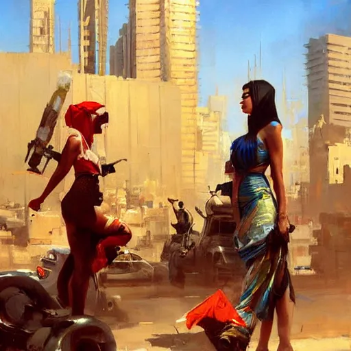 Image similar to greg manchess painting of baghdad in the year 2 0 7 7, painting, cyberpunk style, trending on artstation, by huang guangjian and gil elvgren and sachin teng