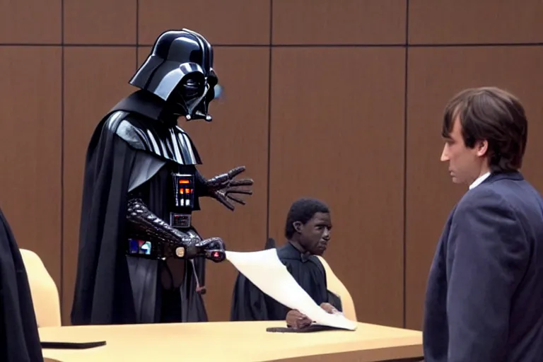 Prompt: darth vader in court being defended by saul goodman, also known as jimmy mcgill, court session images, 1 0 8 0 p, court archive images