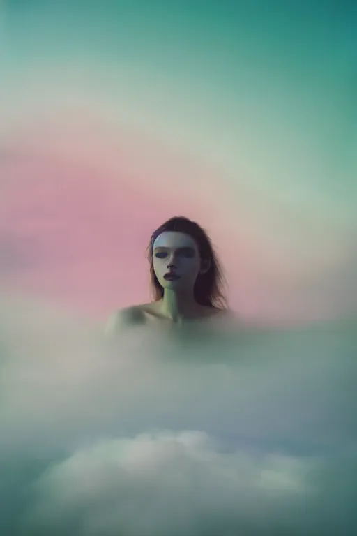 Image similar to high quality pastel coloured film close up wide angle photograph of a model wearing clothing swimming on cloud furniture in a icelandic black rock!! environment in a partially haze filled dreamstate world. three point light, rainbow. photographic production. art directed. pastel colours. volumetric clouds. pastel gradient overlay. waves glitch artefacts. extreme facial clarity. 8 k. filmic.