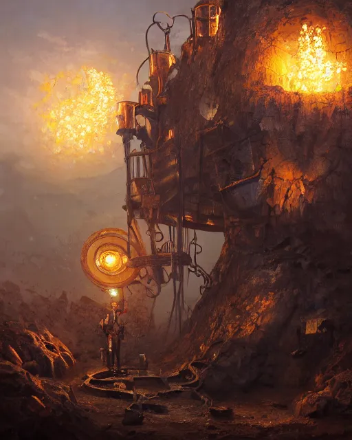 Image similar to oil painting of poor anthropomorphized mole mining gold, full body, sharp focus, fantasy style, dark steampunk mine shaft backround, octane render, volumetric lighting, 8k high definition, by greg rutkowski, highly detailed, trending on art Station