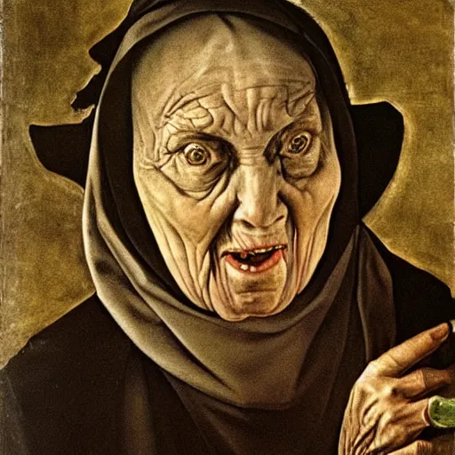 Prompt: an ugly very old woman, witch, angry, hate, mannerism, by Agnolo Bronzino