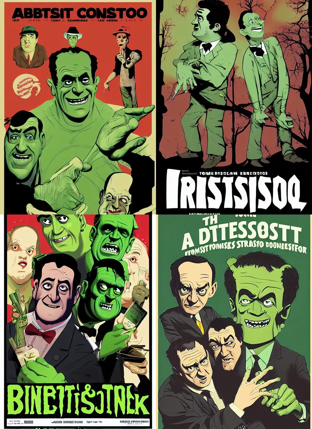 Prompt: Abbott and Costello Meet Frankenstein movie poster artwork by Tomer Hanuka