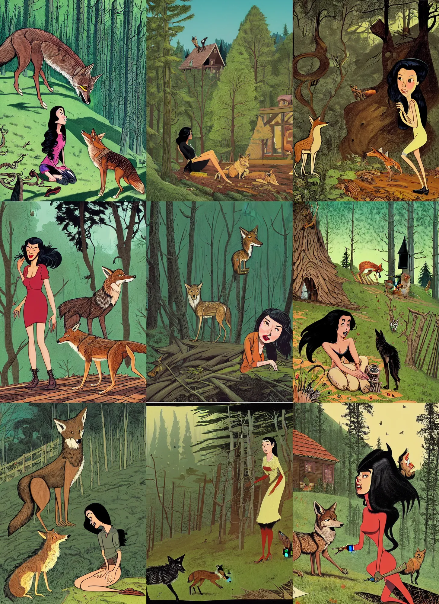 Prompt: a closeup of a young black haired woman and a coyote at her house on a forested hill. dynamic conversation, jon macnair, gary baseman, flat matte art, pedro correa, mort drucker, story book, jakub rebelka, intricate detailed, nettie wakefield