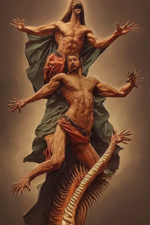 Image similar to fullbody!! dynamic action pose, jesus christ portrayed as a lizard reptile man, lizard head, holy cross, religious, intricate, elegant, highly detailed, digital painting, artstation, concept art, smooth, sharp focus, illustration, art by artgerm and greg rutkowski and alphonse mucha