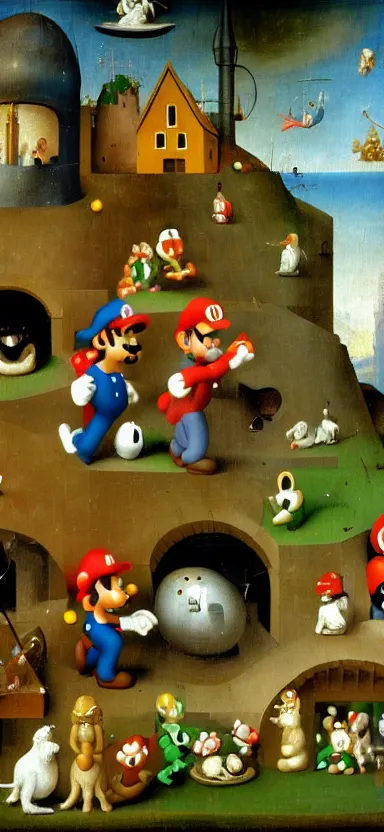 Prompt: detailed digital oil painting by hieronymus bosch of a scene from super mario bros