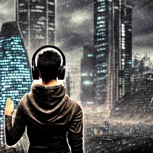 Prompt: dark future cyberpunk steampunk city woman wearing headphones short hair funky haircut wearing a hoodie with a rainy city in the background cloudy sky