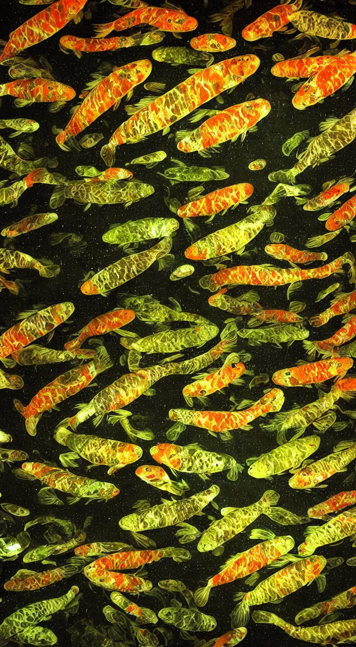 Prompt: a photograph of a Pond filled with Xenomorph skin Koi fish, dim volumetric lighting, lime green lighting, in style of H.R Giger, grainy, 50mm film, noise, sharp focus, motion, high exposure, hd, 8k resolution