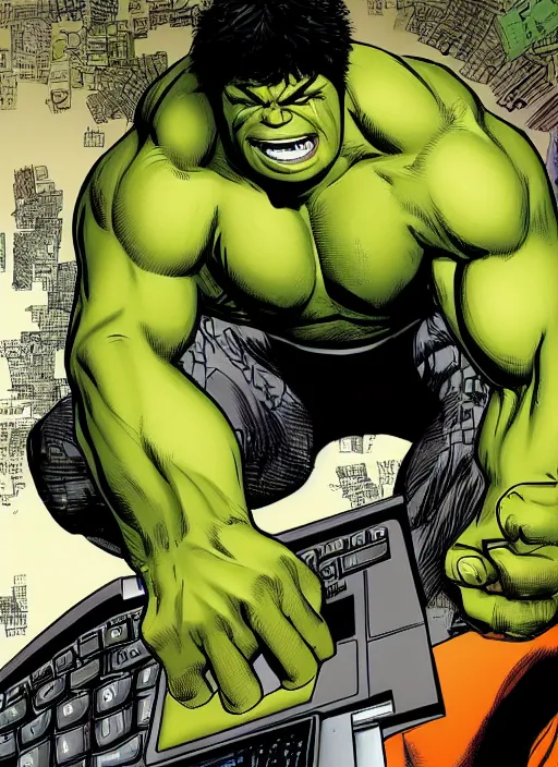 Image similar to Hulk trying to learn how to type on a computer, frustrated, vertigo comic panel, detailed, trending on artstation,