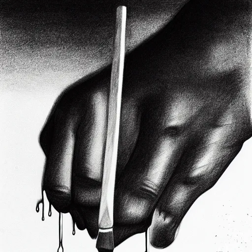 Image similar to pencil drawing of a hand holding a knife dripping with sticky yellow residue, hand and knife are black and white