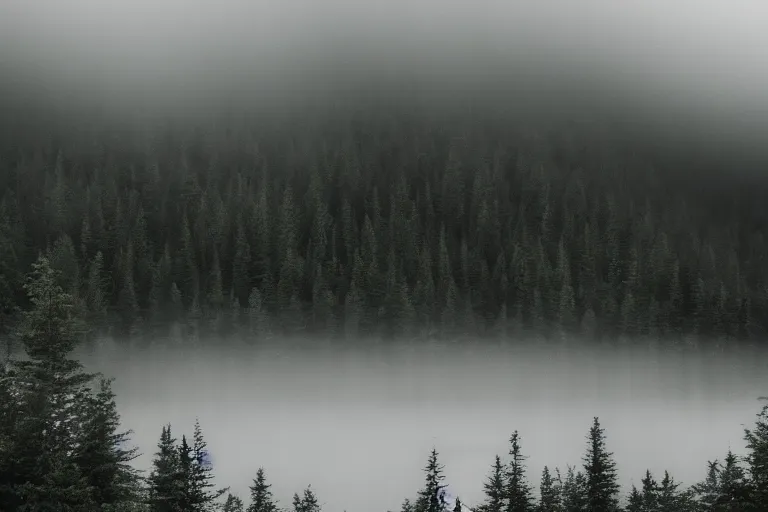 Prompt: a lake with mountains and a foggy forest in the background 50mm, hyperrealistic, moody, dark, ultra detailed, highly detailed, cinematic, dynamic lighting