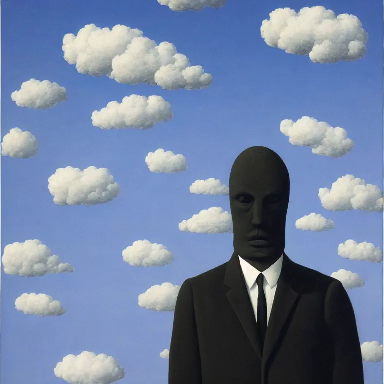 Image similar to portrait of a faceless shadow - head man in a suit, clouds in the background, by rene magritte, detailed painting, distance, middle centered, hd, hq, high resolution, high detail, 4 k, 8 k