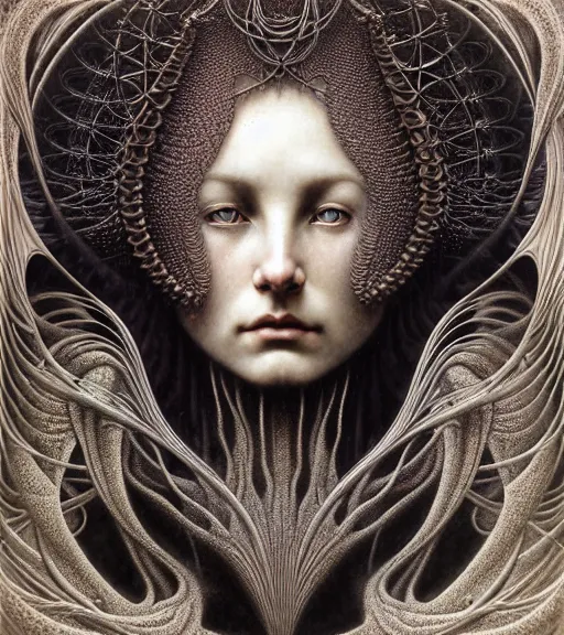 Image similar to detailed realistic beautiful dark goddess face portrait by jean delville, gustave dore, iris van herpen and marco mazzoni, art forms of nature by ernst haeckel, art nouveau, symbolist, visionary, gothic, neo - gothic, pre - raphaelite, fractal lace, intricate alien botanicals, ai biodiversity, surreality, hyperdetailed ultrasharp octane render