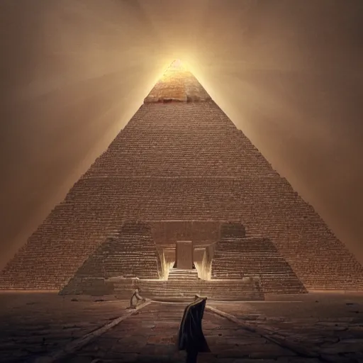 Image similar to Pyramid Head standing in front of The Great Pyramid of Giza, intricate, highly detailed, fullbody, artstation, dark fantasy, horror, Silent Hill game, concept art, smooth, sharp focus, illustration, art by greg rutkowski and orientalism and bouguereau and Zdzislaw Beksinski, good clear quality, lighting, biology, symmetrical artwork, perfect face, 135 mm, cinematic, hyper realism, high detail, octane render, 8k, chrome accents