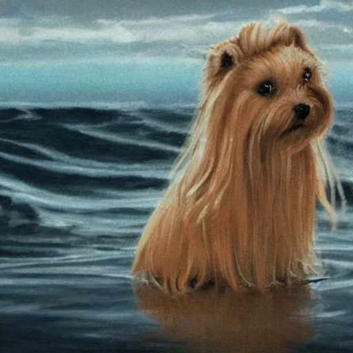 Image similar to Elle Fanning at sea holding a Yorkshire Terrier in the style of Lady with an Ermine, head and shoulders portrait, stormy weather, extremely detailed masterpiece, oil on canvas, low-key neon lighting, artstation, Blade Runner 2049, Roger Deakin’s cinematography, by J. C. Leyendecker and Peter Paul Rubens and Edward Hopper and Michael Sowa,