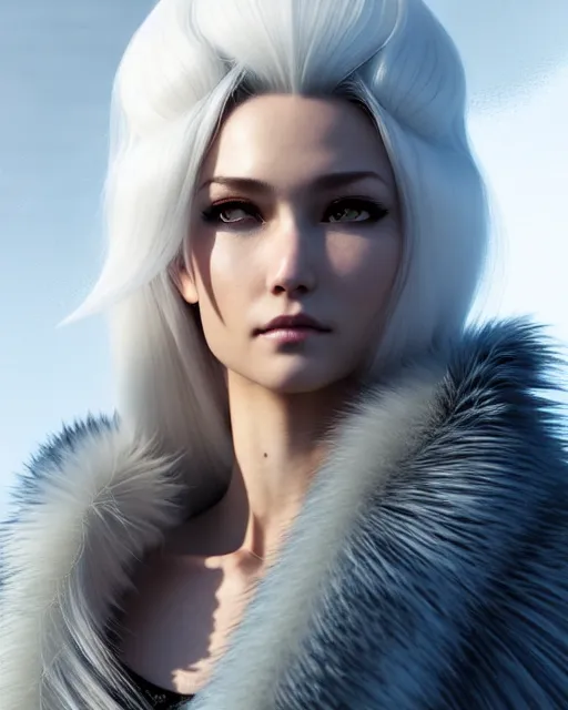 Prompt: dragon hunter wearing a fur - lined dragonhide jacket!!! beautiful and gorgeous elegant white hair!! symmetry, character concept art, sharp focus, illustration, art by artgerm!! greg rutkowski magali villeneuve wlop!! ilya kuvshinov!! charlie bowater! octane render, unreal engine 5! highly rendered!!