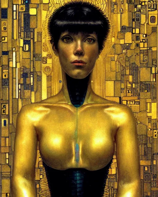 Image similar to Golden Portrait of a Cyborg from Ghost in the shell by Gustav Klimt, cyberpunk noir, baroque elements, intricate artwork by caravaggio, aesthetic, intricate, highly detailed, masterpiece