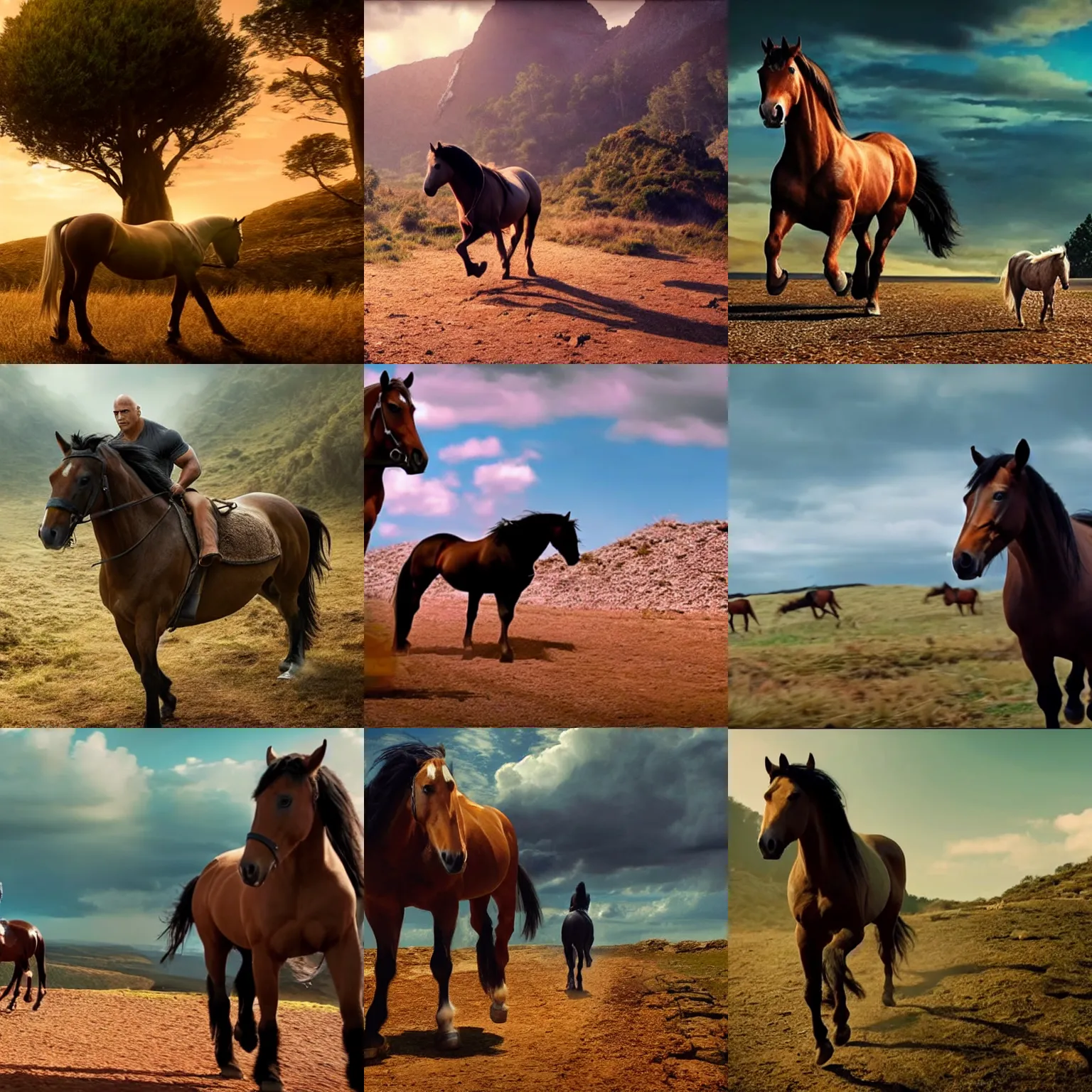 Prompt: a horse taking a dwayne johnson on a walk, cinematic establishing shot, magical colours and atmosphere, perfect coherent composition, super realistic, professional photography 1 6 k