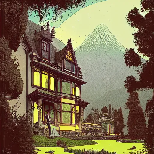 Prompt: illustration of an old victorian mansion, with beautiful mountain heather growing around it, large windows, greg rutkowski, mcbess