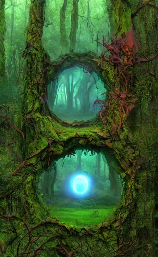 Prompt: the portal in the forest in the style of Roger Dean and beeple, 35mm, photo realistic, epic, cinematic