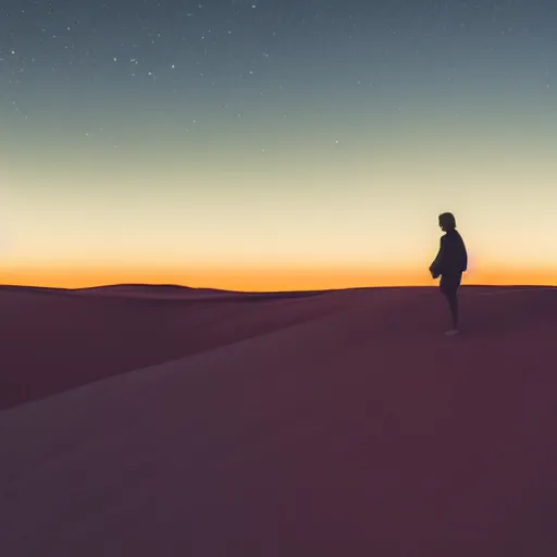 Prompt: a photo of a silhouette of a person in a color lit desert at night