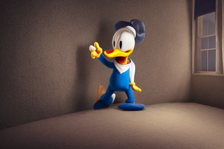 Image similar to donald duck hide incorner of dark room, smiling, dark, flash light, dream core, horror