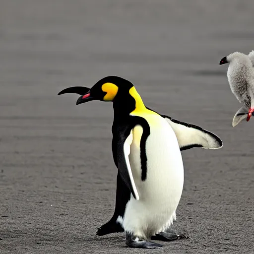 Prompt: Emperor penguin with Ostrich and Kiwi Bird flying in the sky