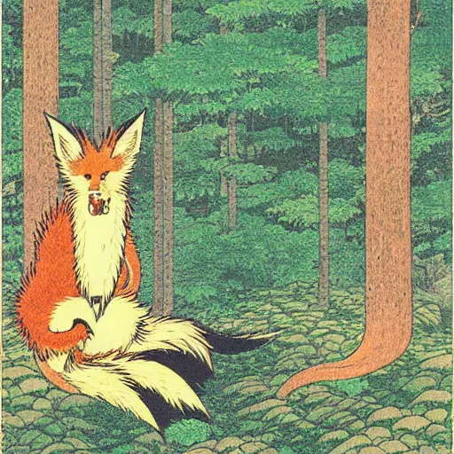 Prompt: Nine-tailed Fox in forest ,tarot card by Hasui Kawase