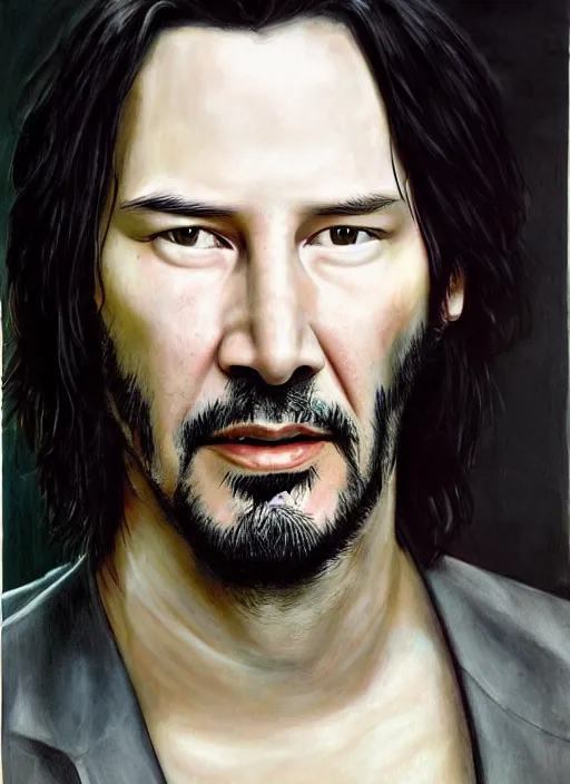 Image similar to highly realistic portrait of Keanu Reeves, by Marc Ryden and Simon Bisley