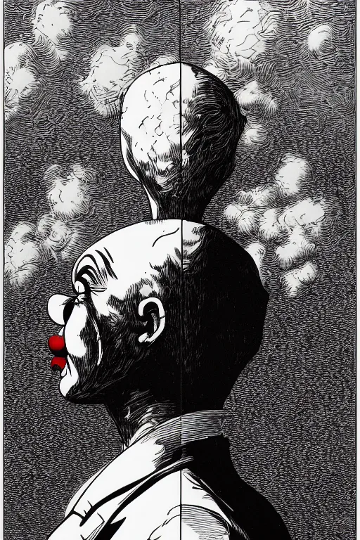 Image similar to sideview waist up portrait of it clown by laurie greasley and rene magritte, etching by gustave dore, intricate, sharp focus, illustration, highly detailed, digital painting, concept art, masterpiece