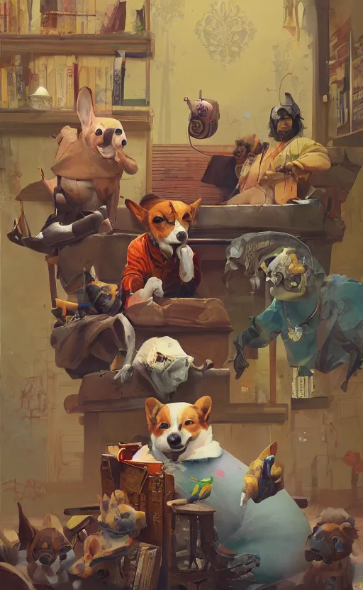 Prompt: beautiful fantasy painting of lofi hiphop assassin corgi king chilling in his palace and his crew, by Sergey Kolesov, Martine Johanna, Jake Parker. Trending on Artstation, 8k, masterpiece, graffiti paint, dishonored, fine detail, full of color, intricate detail