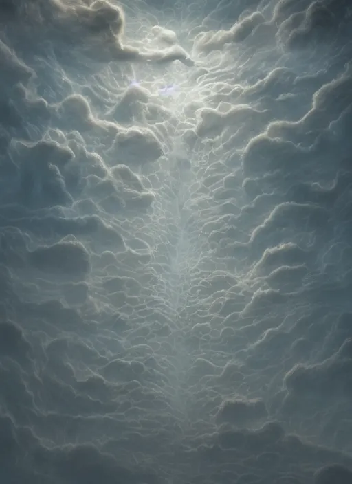 Image similar to high intricate melting tremella - fuciformis formed clouds over an ocean surface, maria panfilova, andrea savchenko, mike kime, ludovic plouffe, qi sheng luo, oliver cook, makoto shinkai, trending on artstation