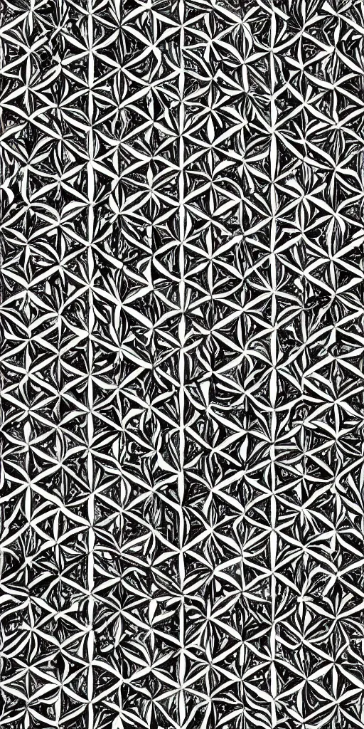 Prompt: highly detailed beautiful black and white geometric pattern, by escher, hexagon, pentagon, triangle, sacred geometry, sharp angles, symmetry, sharp focus, high contrast, harmony, blueprint