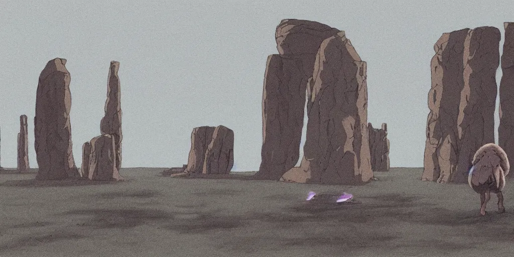 Image similar to a realistic cell - shaded studio ghibli concept art from paprika ( 2 0 0 6 ) of a hairless ape from close encounters of the third kind ( 1 9 7 7 ) in a flooded monument valley stonehenge. very dull colors, wide shot, hd, 4 k, hq