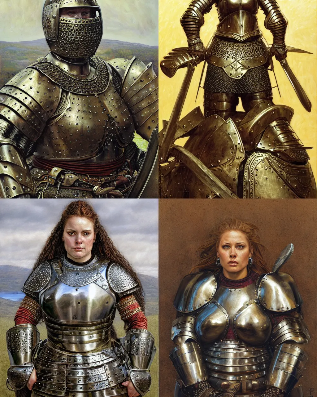 Prompt: portrait, big robust female medieval warrior wearing heavy iron breastplate, scottish style, ultrarealistic, hyperdetailed, smooth, reflections, soft lighting, sharp focus, intricate, by donato giancola