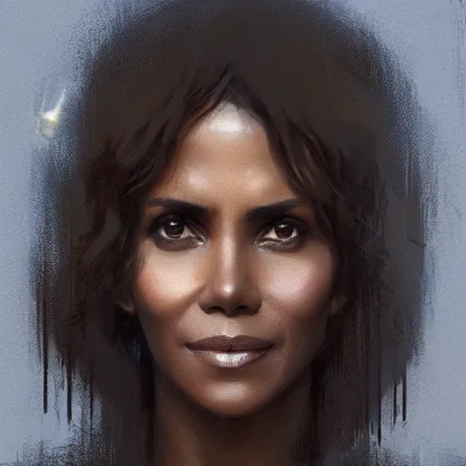 Image similar to “ portrait of halle berry by greg rutkowski, young, attractive, highly detailed portrait, scifi, digital painting, artstation, concept art, smooth, sharp foccus ilustration, artstation hq ”