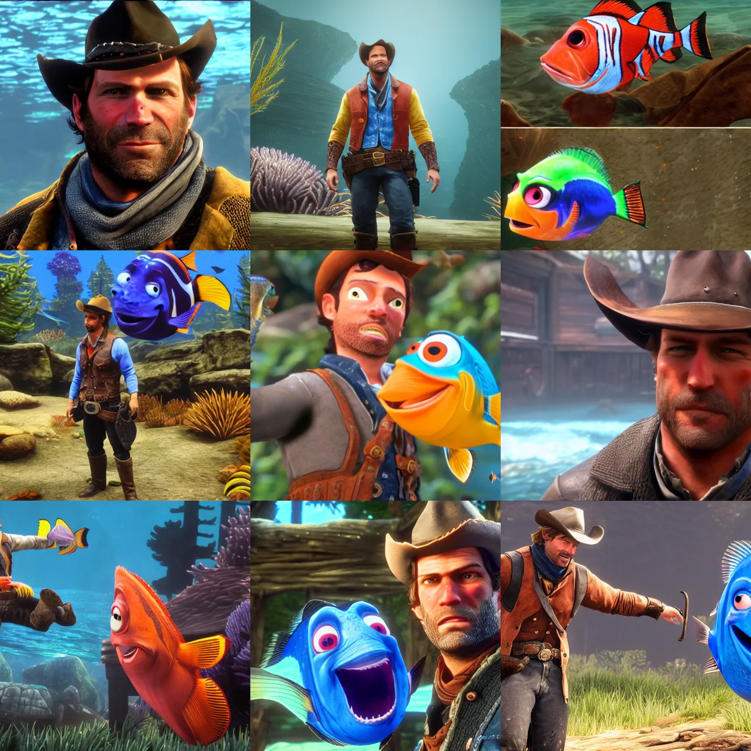 Prompt: Arthur Morgan as a fish in the style of Finding Nemo