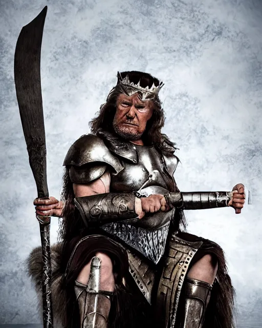 Image similar to donald trump as king conan, directed by john millius, photorealistic, sitting on a metal throne, wearing ancient cimmerian armor, a battle axe to his side, he has a beard and graying hair, cinematic photoshoot in the style of annie leibovitz, studio lighting