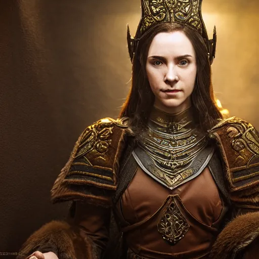 Image similar to the elder scrolls vi, charismatic regal brunette female jarl, portrait, throne room, atmospheric lighting, painted, intricate, volumetric lighting, beautiful, daytime, sunny weather, slight overcast, sharp focus, deep colours, ultra detailed, by leesha hannigan, ross tran, thierry doizon, kai carpenter, ignacio fernandez rios