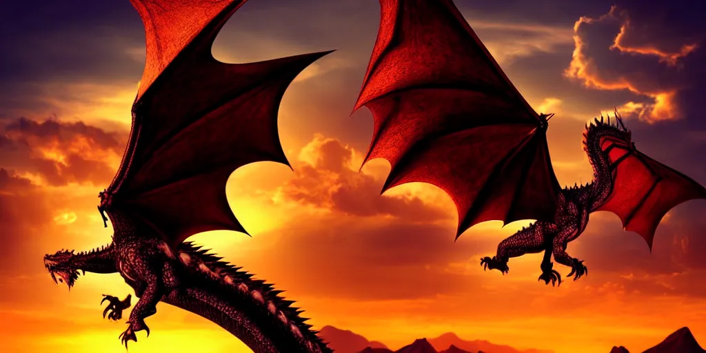 Image similar to fantasy portrait of a dragon in flight. Sunset. Volumetric light. Soft god rays. Surreal. Beautiful. Golden ratio. Rule of thirds. Mountains in the background. Game of thrones. Photorealistic.